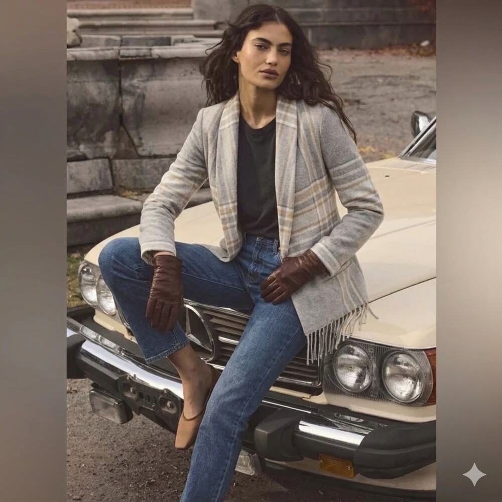 Drew Anthropologie Prince Grey Plaid Fringe Wool Blend Blazer Jacket Coat XS